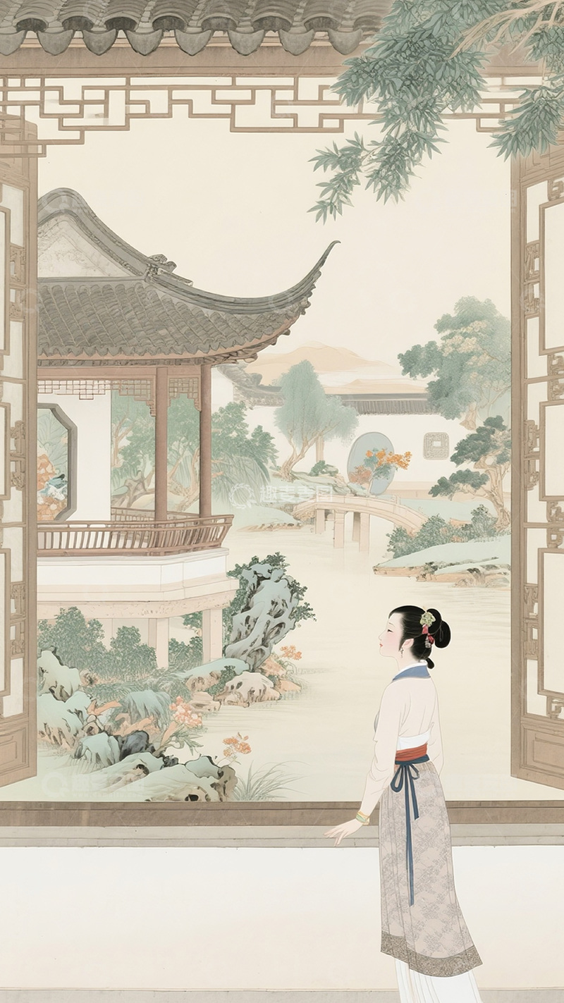 高清大图下载【趣麦麦图】古风山水园林美人图1