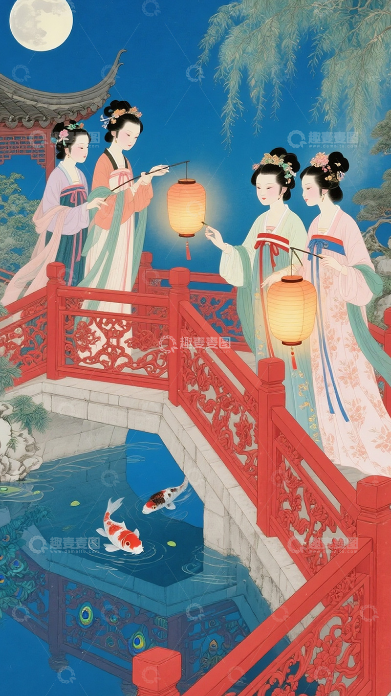 高清大图下载【趣麦麦图】古风山水园林美人图29