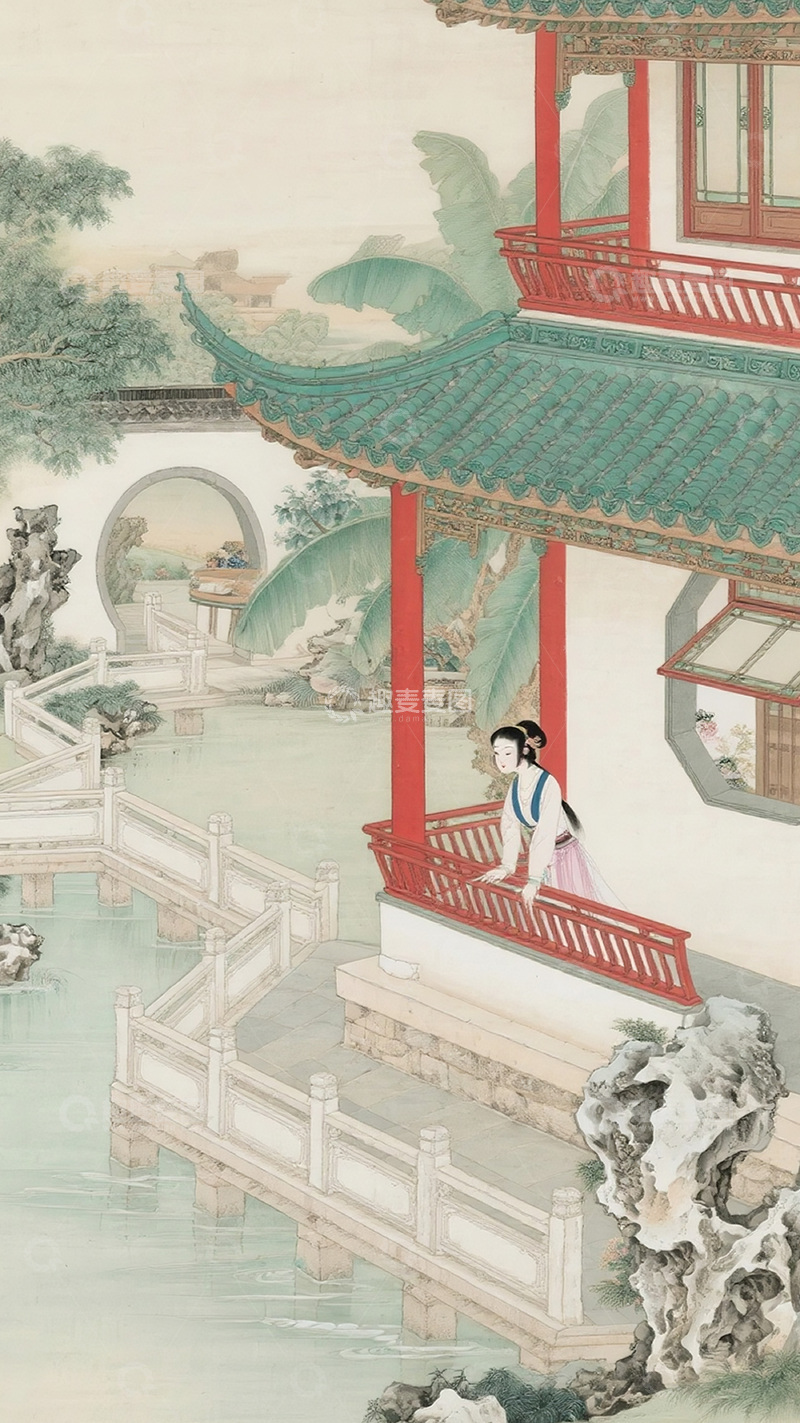 高清大图下载【趣麦麦图】古风山水园林美人图9