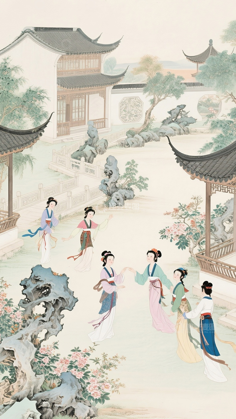 高清大图下载【趣麦麦图】古风山水园林美人图5