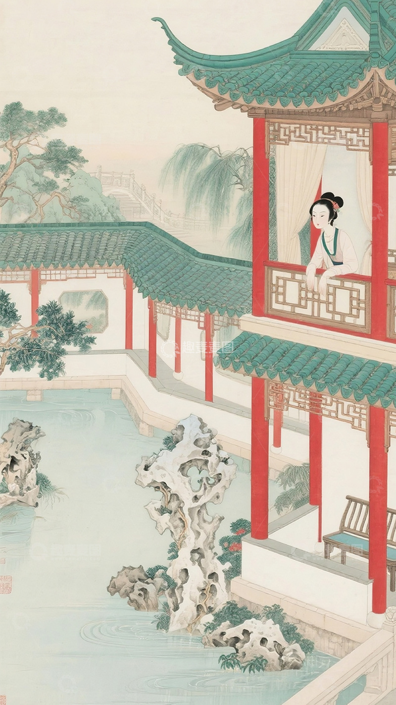 高清大图下载【趣麦麦图】古风山水园林美人图26
