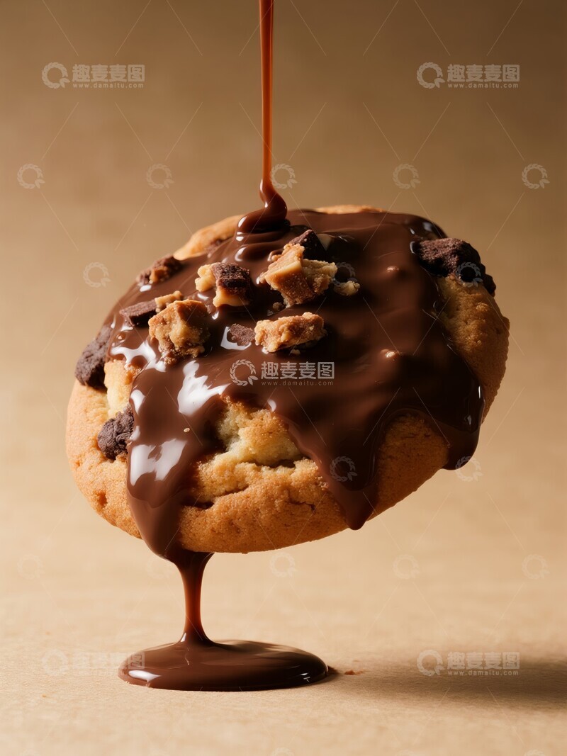 高清大图下载【趣麦麦图】巧克力酱淋在巧克力豆饼干上