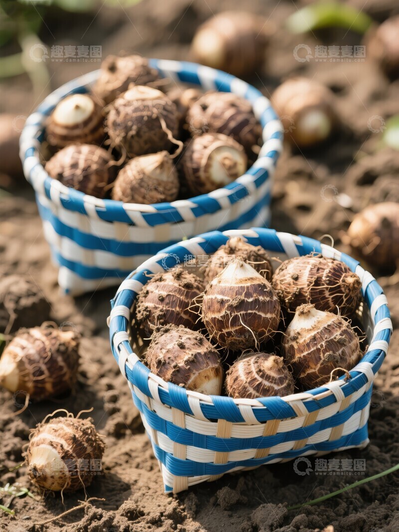 高清大图下载【趣麦麦图】蓝白篮子装满新鲜芋头