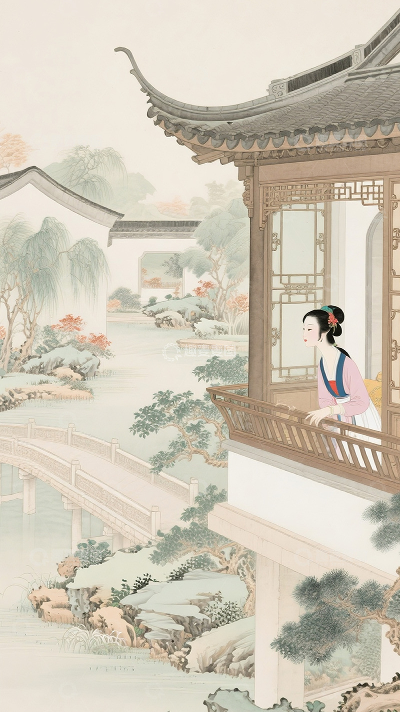高清大图下载【趣麦麦图】古风山水园林美人图17