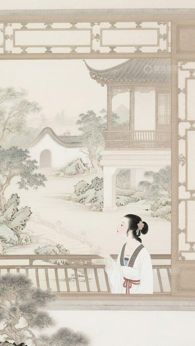 高清大图下载【趣麦麦图】古风山水园林美人图18