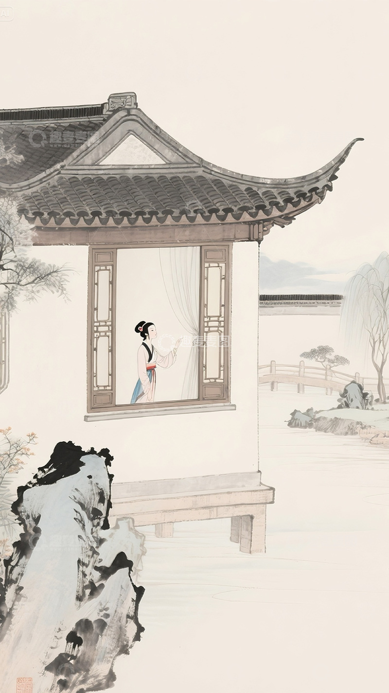 高清大图下载【趣麦麦图】古风山水园林美人图23