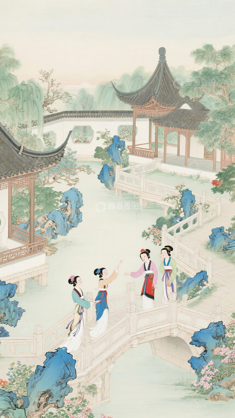 高清大图下载【趣麦麦图】古风山水园林美人图8