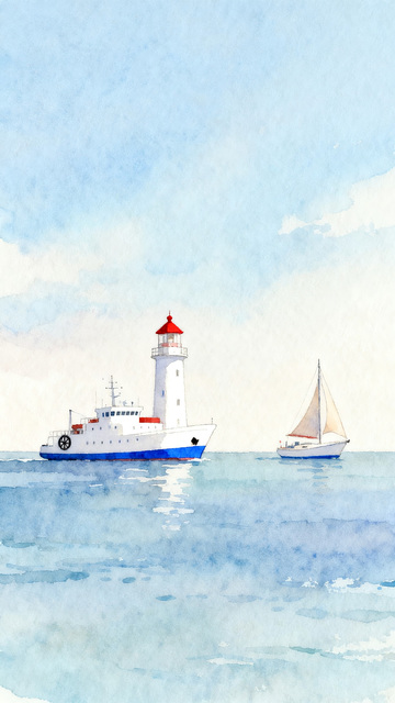 海面上的灯塔与帆船