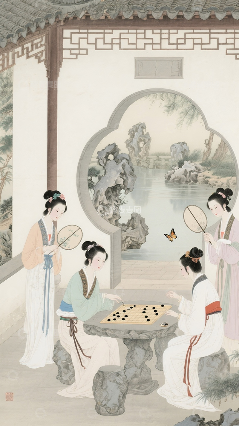 高清大图下载【趣麦麦图】古风山水园林美人图15