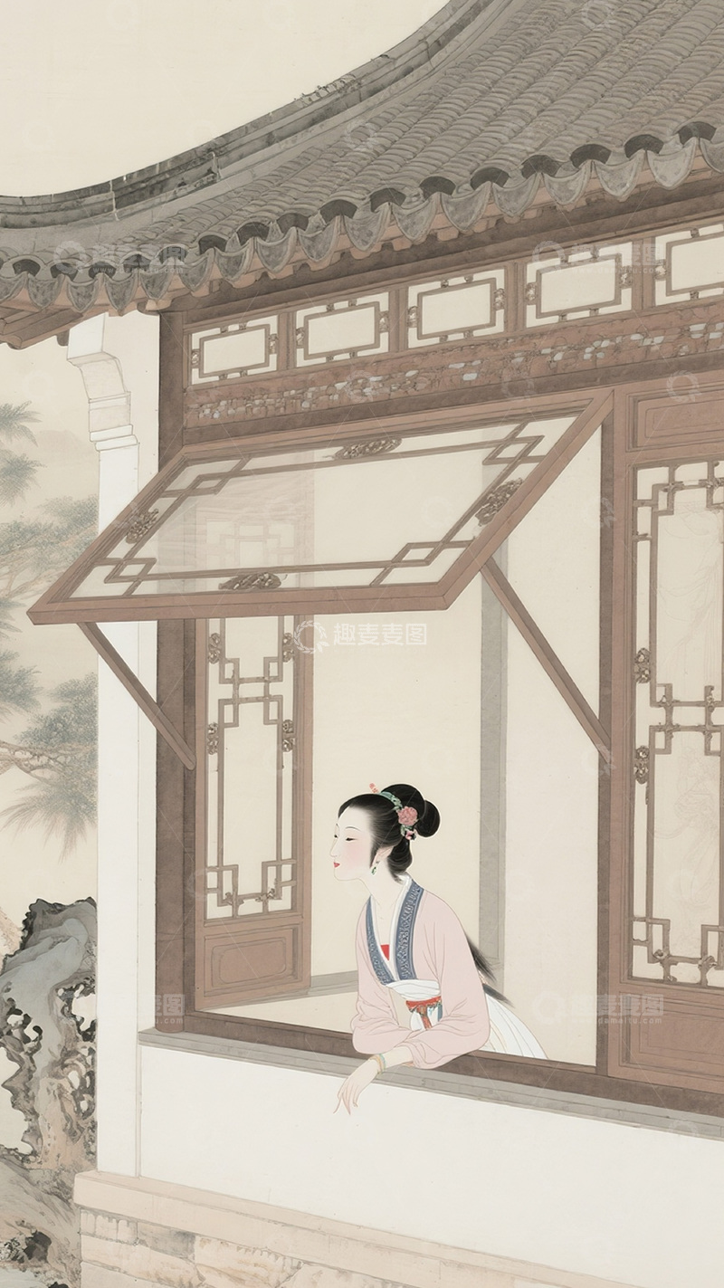 高清大图下载【趣麦麦图】古风山水园林美人图16