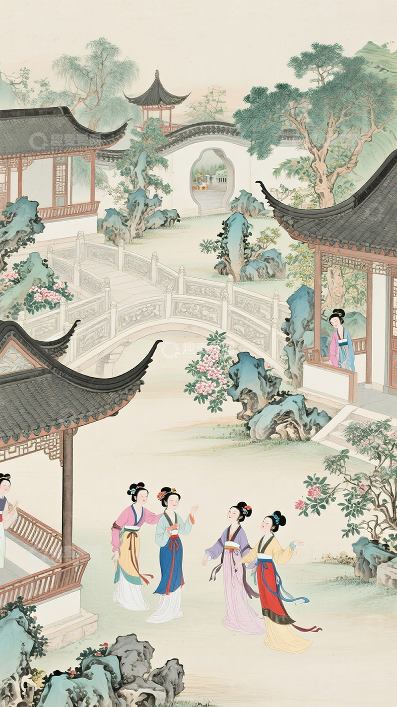 高清大图下载【趣麦麦图】古风山水园林美人图7