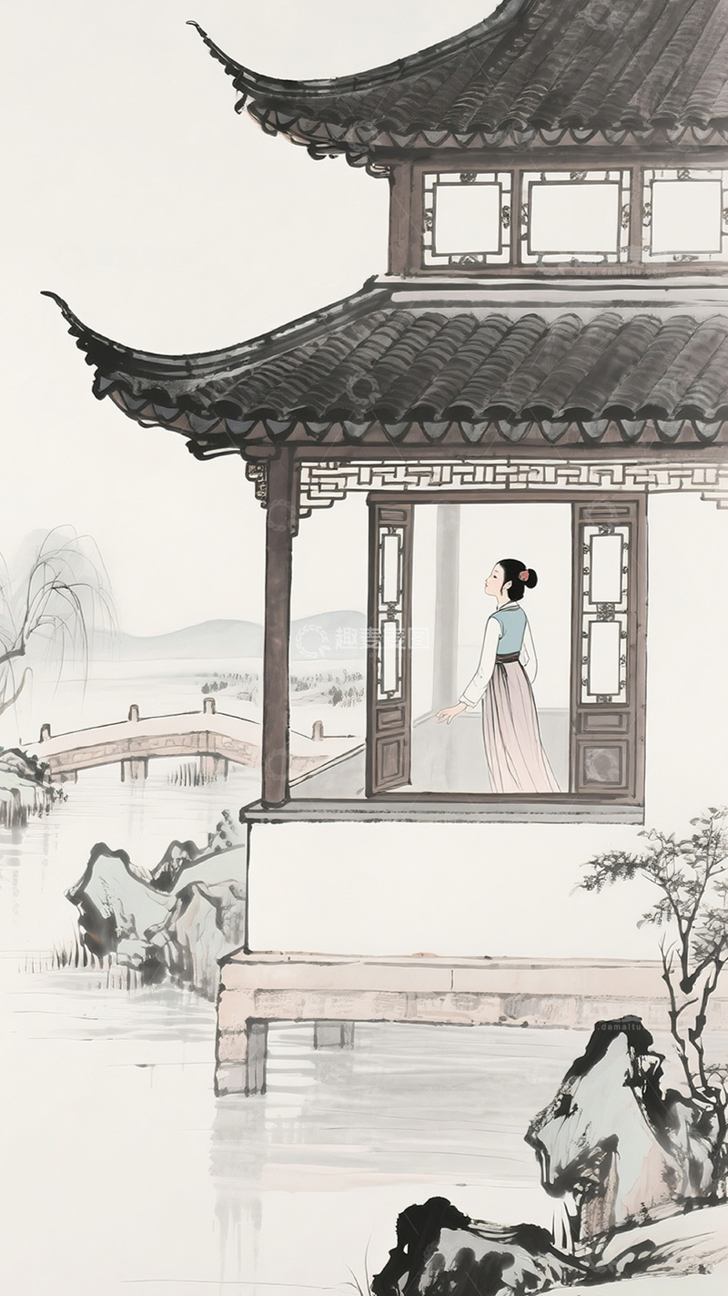 高清大图下载【趣麦麦图】古风山水园林美人图22