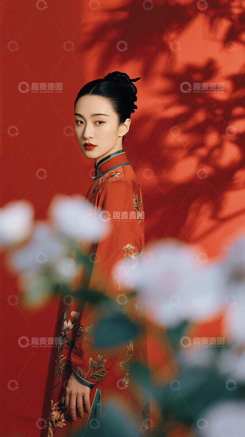 高清大图下载【趣麦麦图】古典旗袍人像人物展示红墙和植物阴影