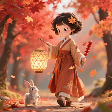 秋日童趣插画卡通女孩身着古风服饰