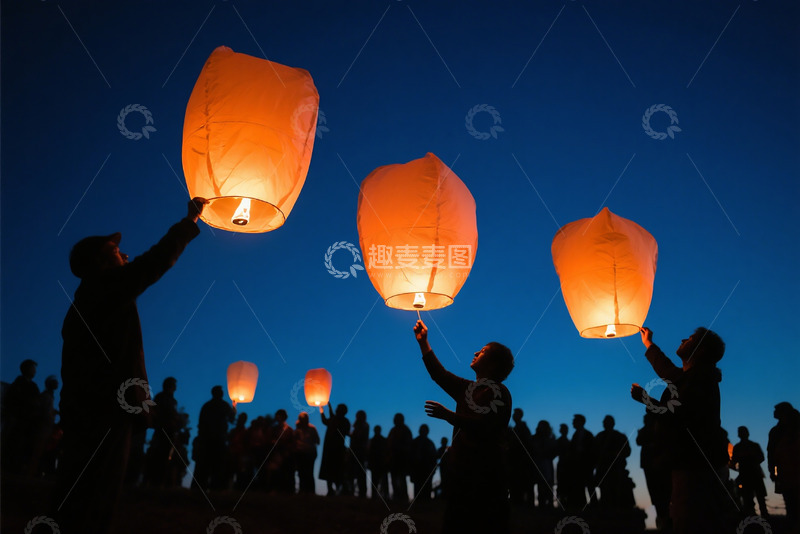 高清大图下载【趣麦麦图】深夜人们放天灯