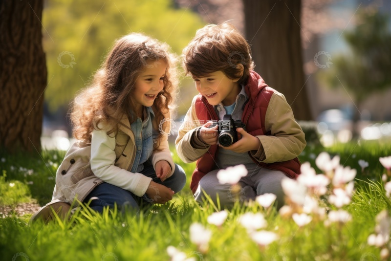 拿着摄影机在公园拍照的小孩