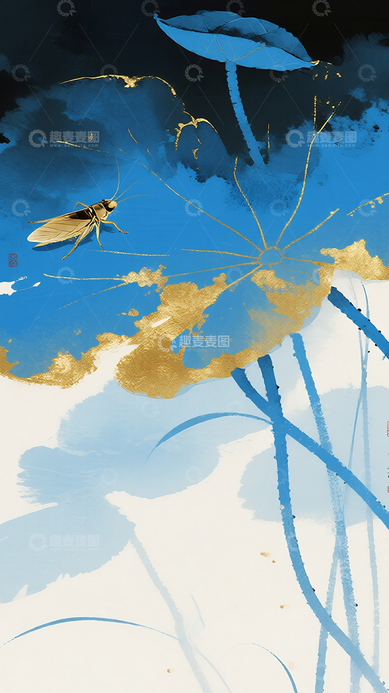 高清大图下载【趣麦麦图】蓝色莲叶金色荷花图