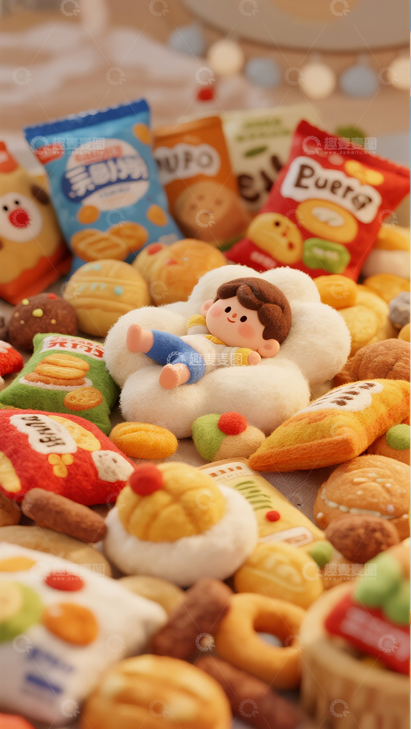 高清大图下载【趣麦麦图】零食堆里的可爱玩偶