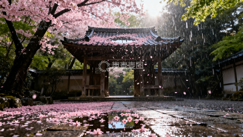 高清大图下载【趣麦麦图】春雨中的樱花古亭
