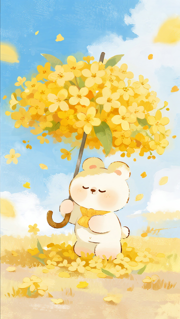 小熊在花海中撑花伞