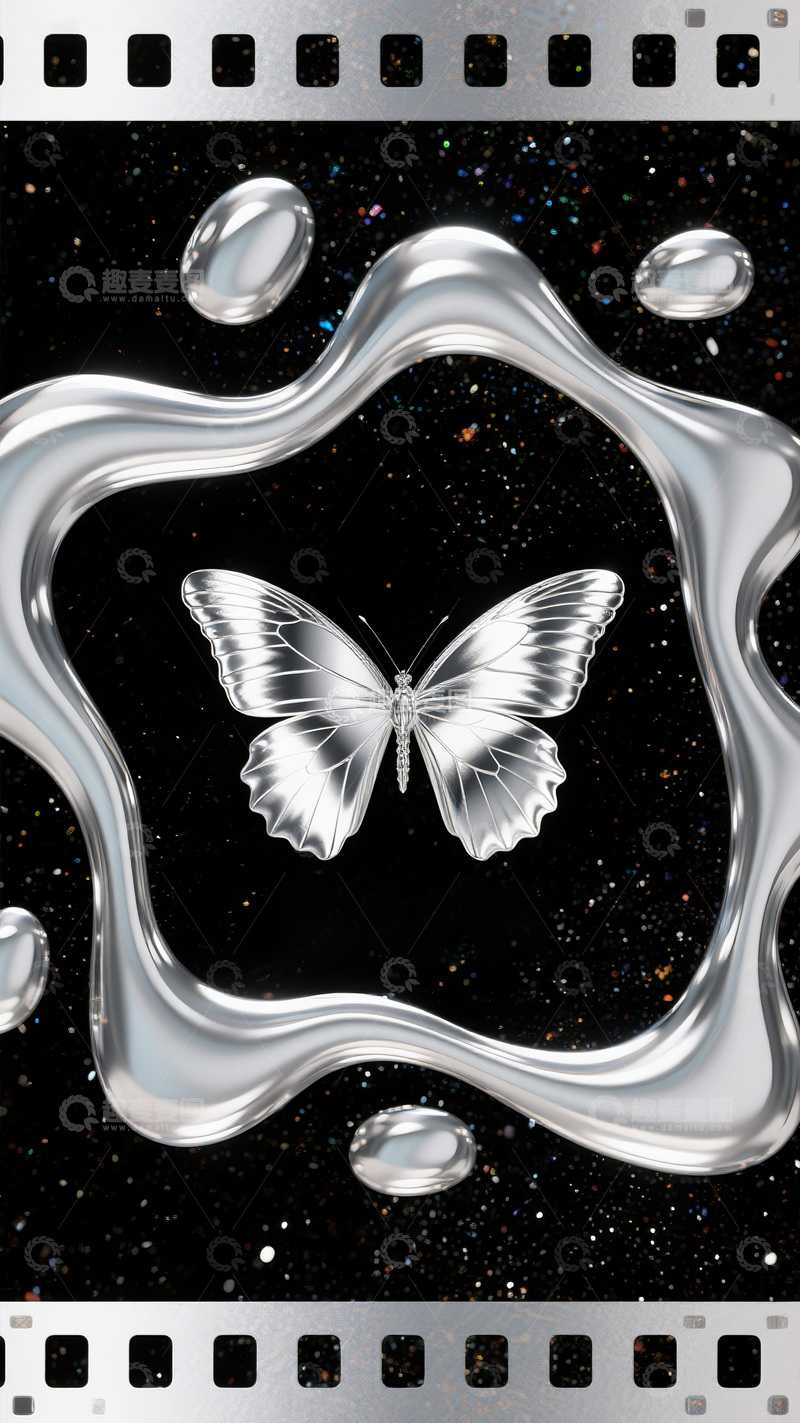 高清大图下载【趣麦麦图】银色蝴蝶与流体的星夜之舞