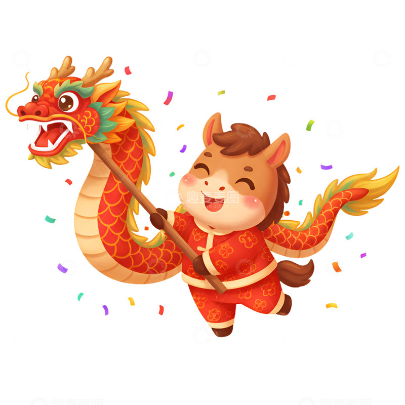 卡通手绘春节生肖马舞龙