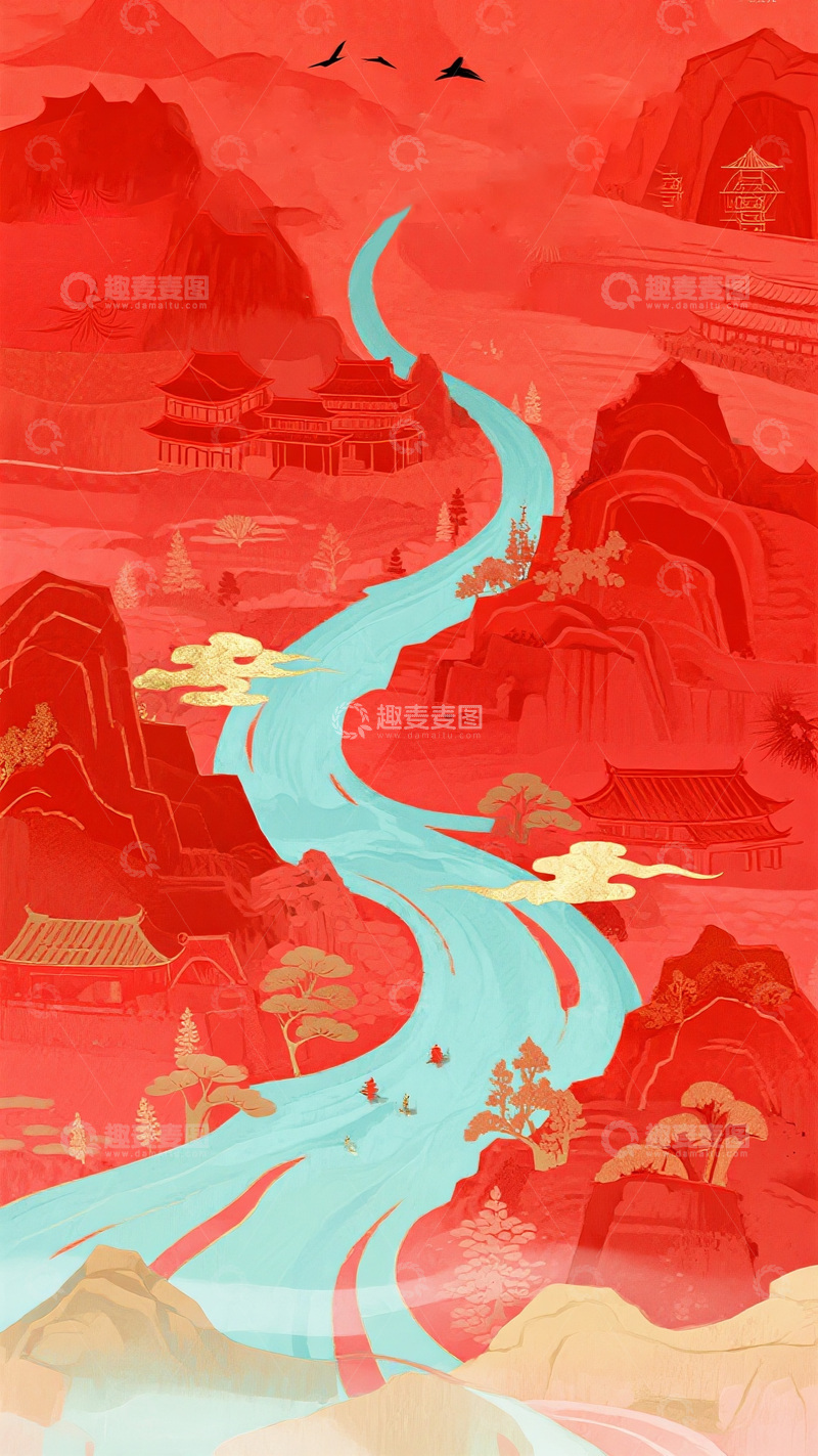 高清大图下载【趣麦麦图】红韵国风山水河流图