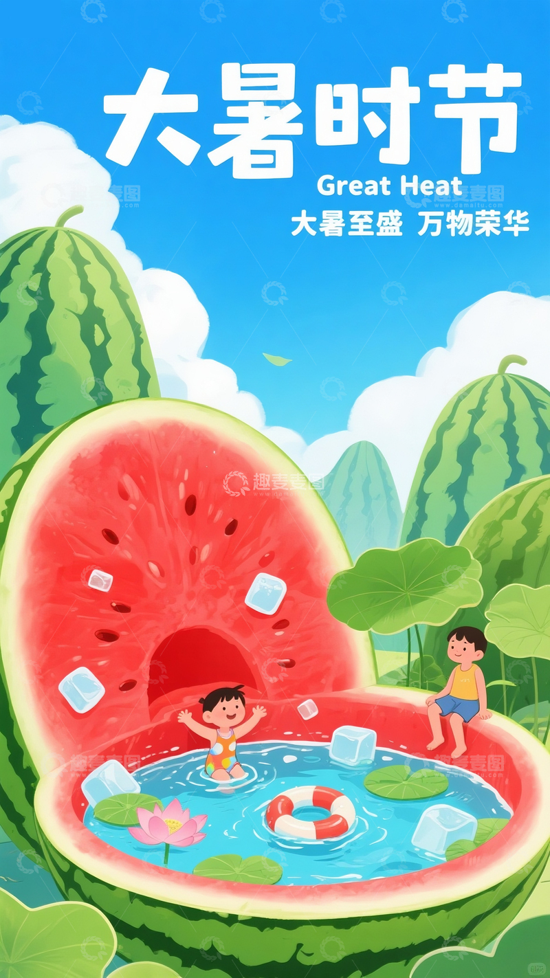高清大图下载【趣麦麦图】大暑时节的西瓜泳池图