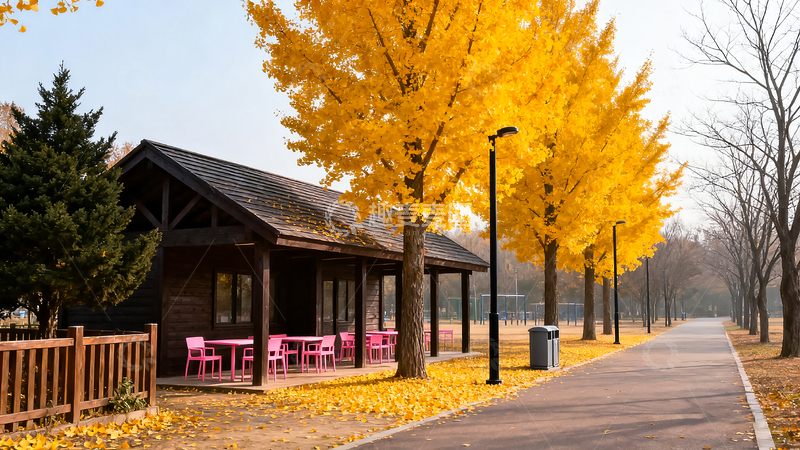 高清大图下载【趣麦麦图】公园小木屋银杏树叶子金黄地上铺满落叶