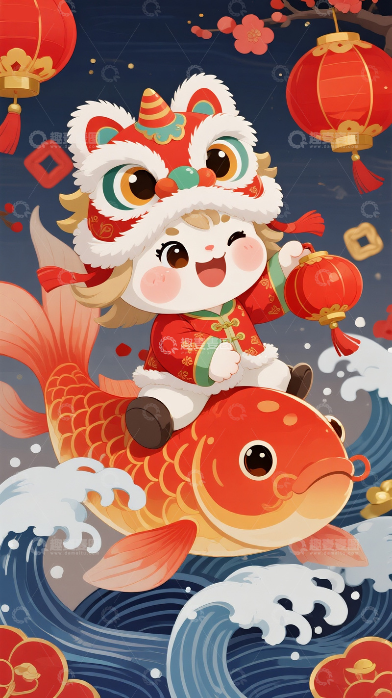 高清大图下载【趣麦麦图】新春锦鲤送福卡通图