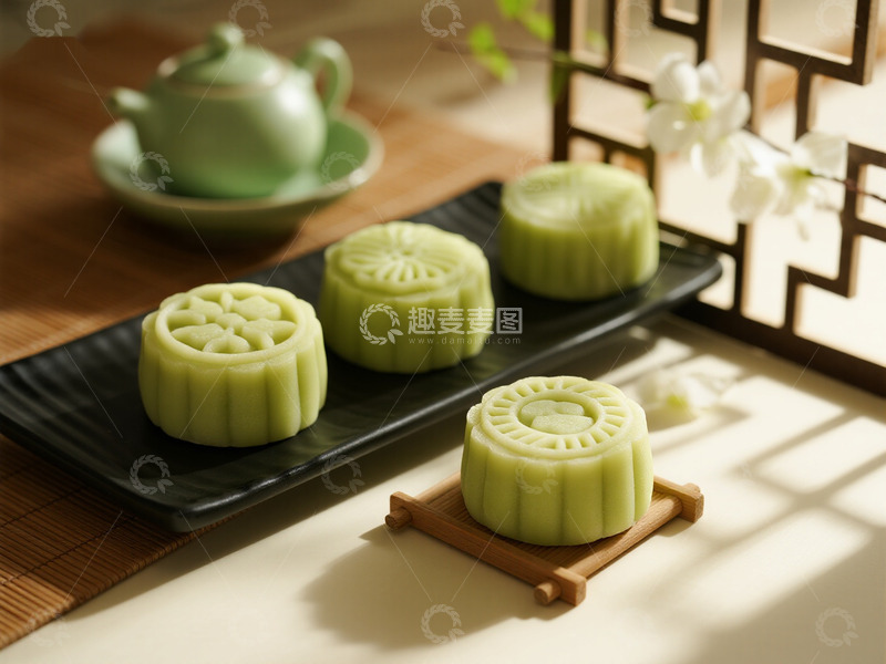 高清大图下载【趣麦麦图】中式抹茶绿色冰皮月饼