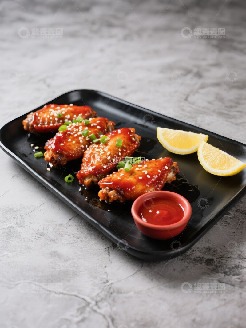 高清大图下载【趣麦麦图】烤鸡翅配柠檬和番茄酱