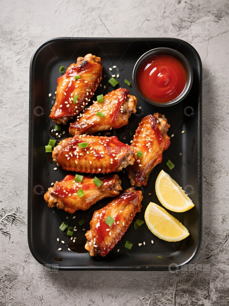 高清大图下载【趣麦麦图】韩式烤鸡翅配柠檬和辣椒酱