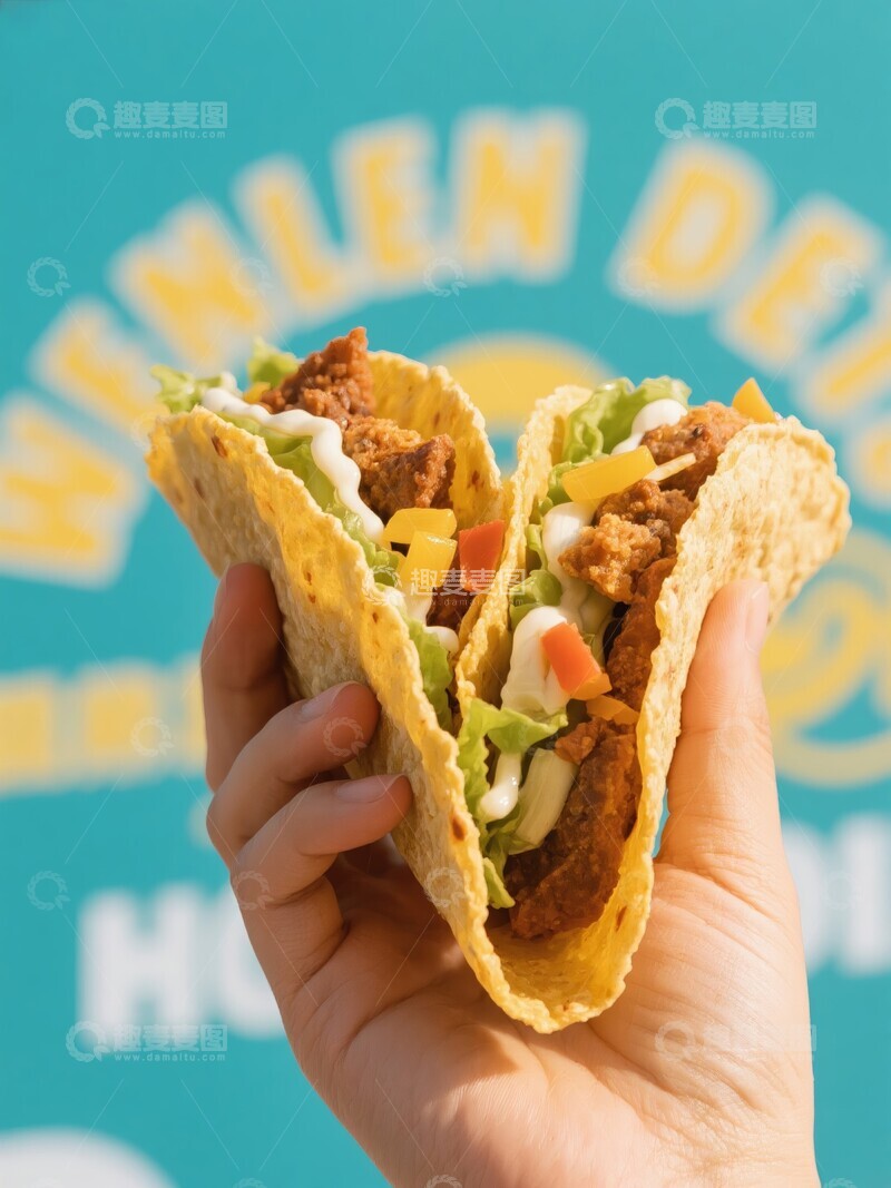 高清大图下载【趣麦麦图】手持两个美味的脆皮塔可