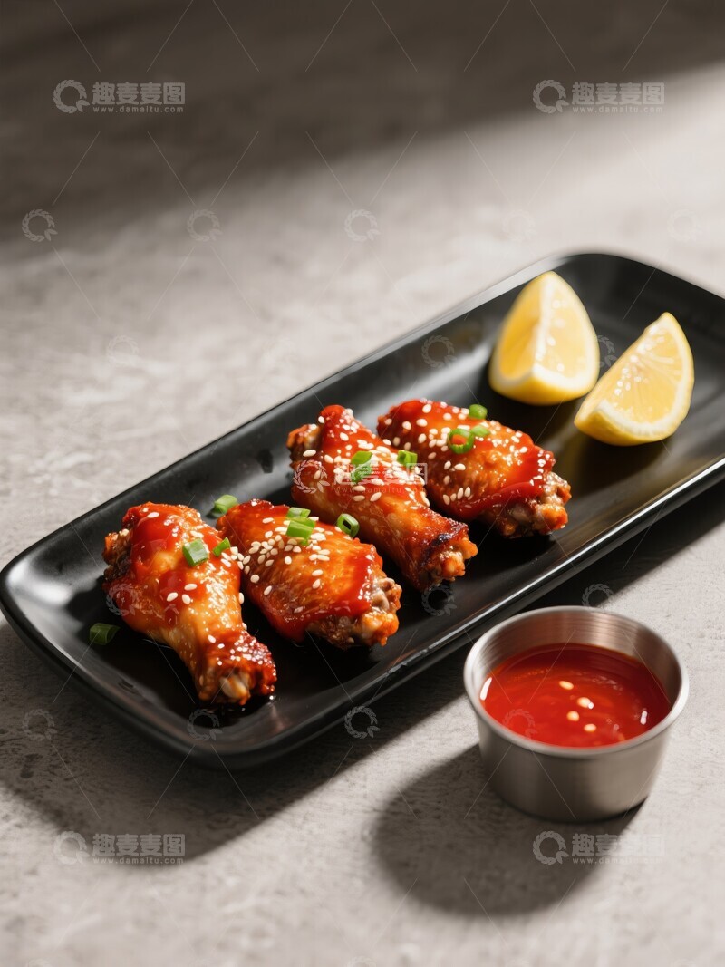 高清大图下载【趣麦麦图】韩式烤鸡翅配柠檬和辣椒酱