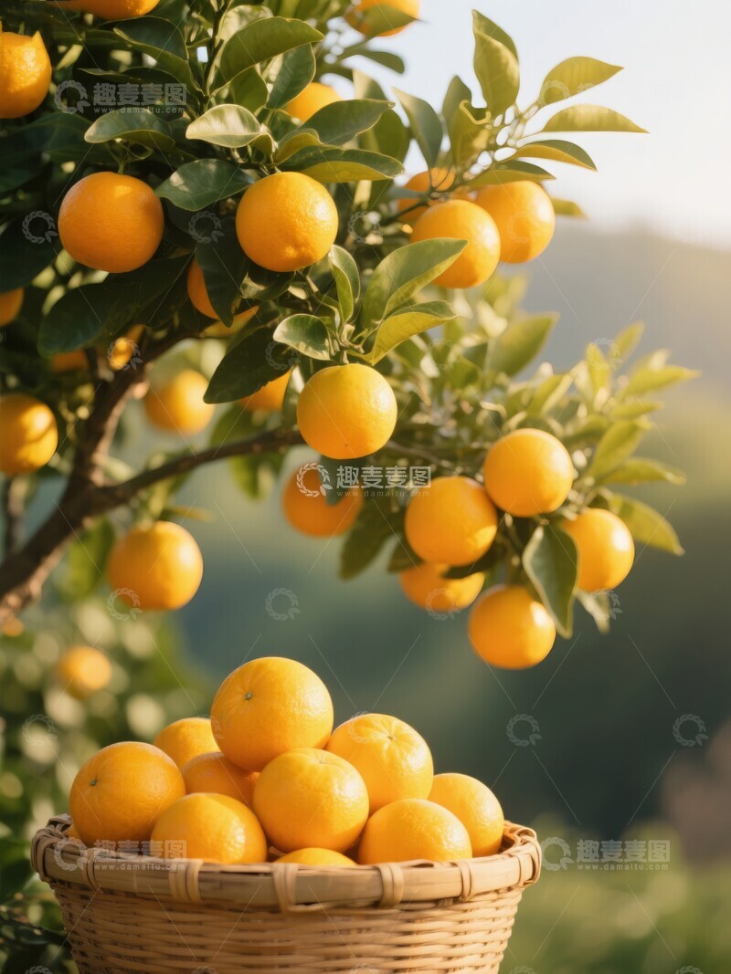 高清大图下载【趣麦麦图】橙树挂满果实篮子里装满新鲜橙子