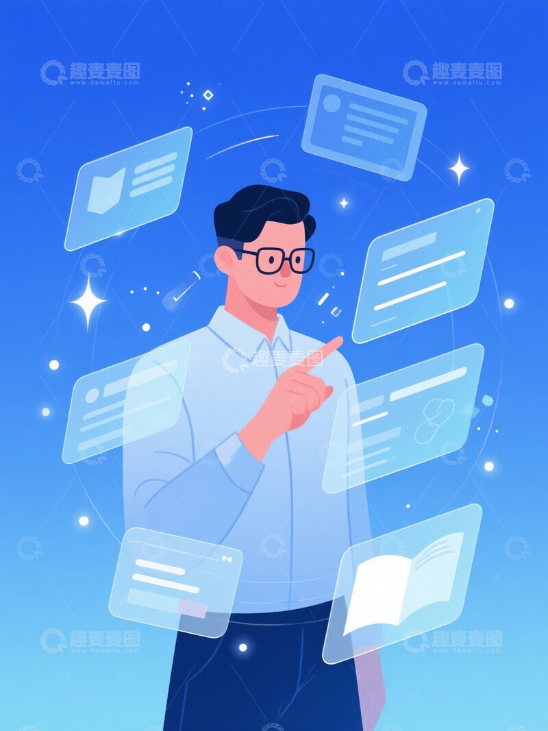 高清大图下载【趣麦麦图】男子与虚拟屏幕面板互动