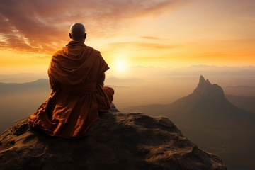 坐在山顶冥想的僧侣