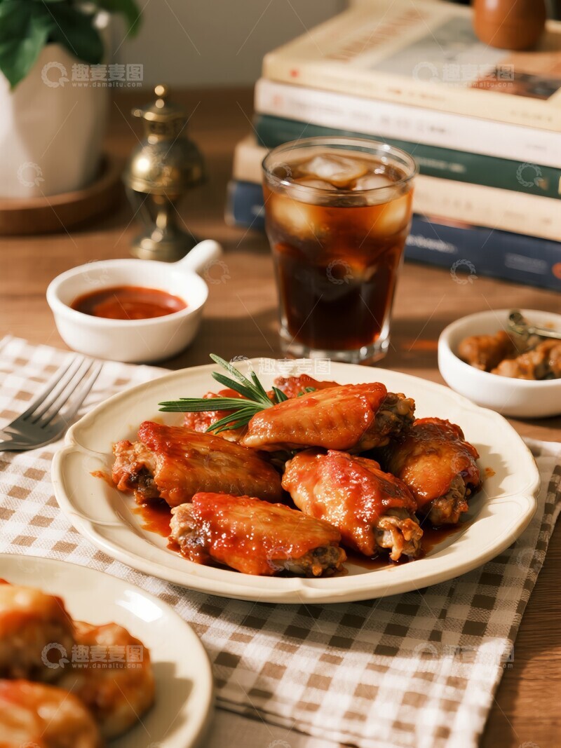 高清大图下载【趣麦麦图】烤鸡翅配可乐，桌上美食拍摄