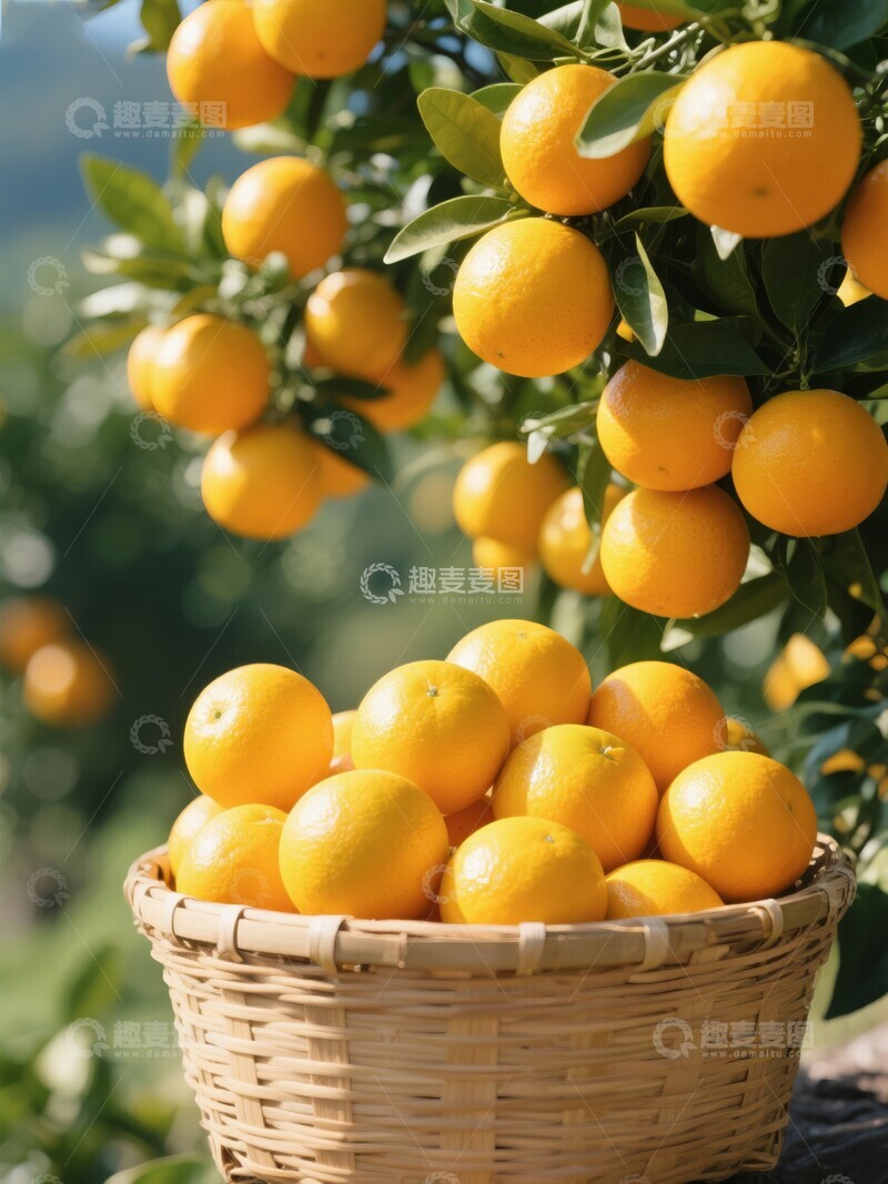 高清大图下载【趣麦麦图】橙树挂满果实，篮子装满新鲜橙子