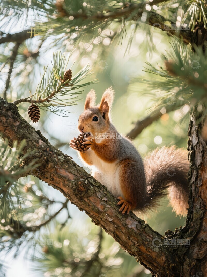 高清大图下载【趣麦麦图】松鼠在树上啃食松果
