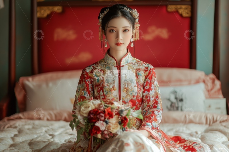 高清大图下载【趣麦麦图】坐在床上穿着秀禾的新娘