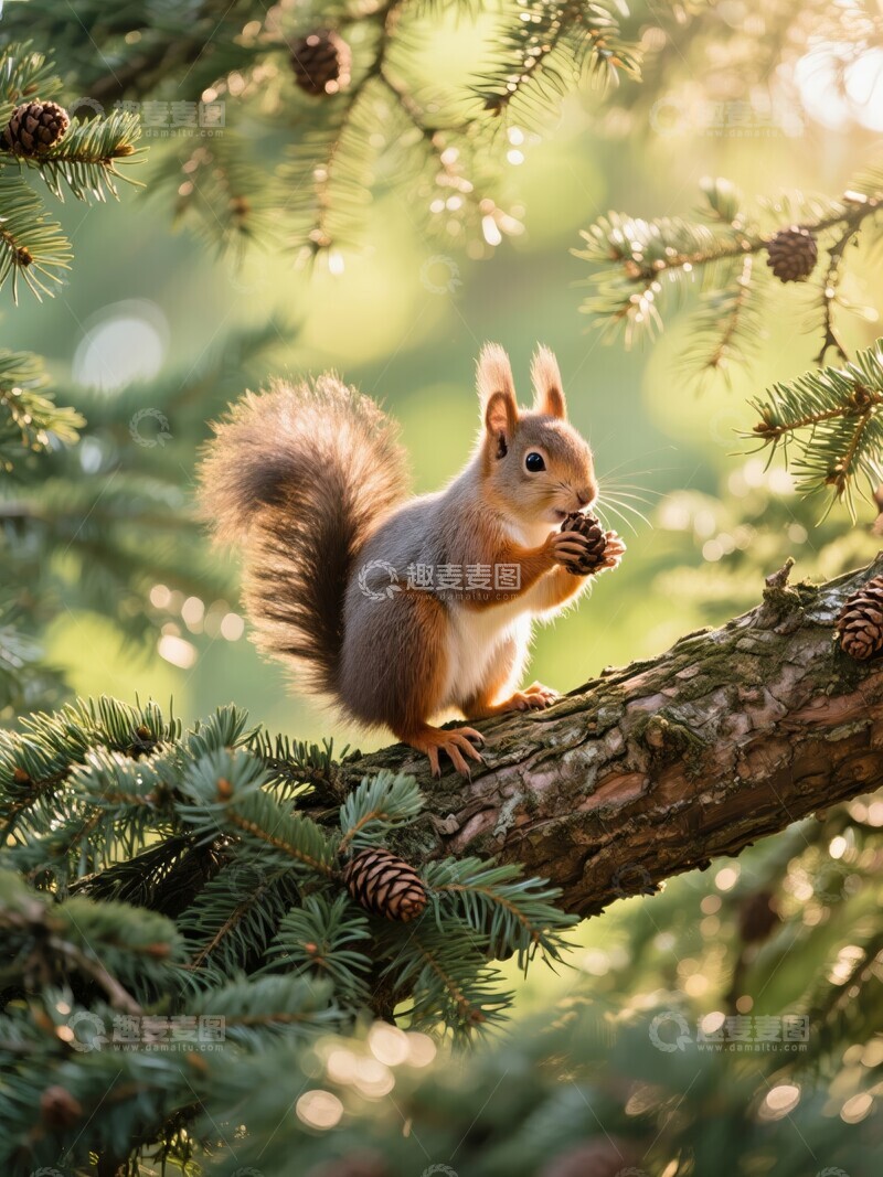 高清大图下载【趣麦麦图】松鼠在树枝上啃食松果
