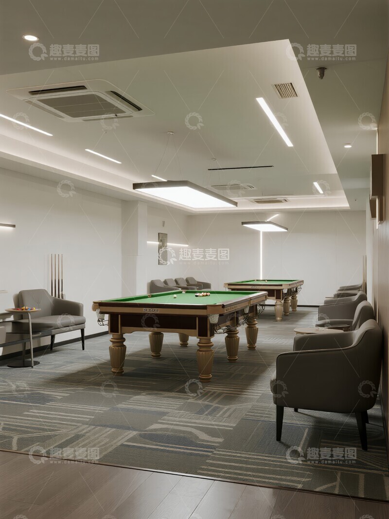 高清大图下载【趣麦麦图】现代室内休闲区，配有台球桌