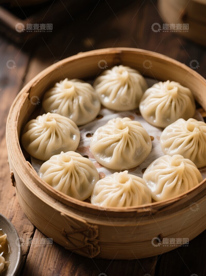 高清大图下载【趣麦麦图】竹蒸笼中的小笼包