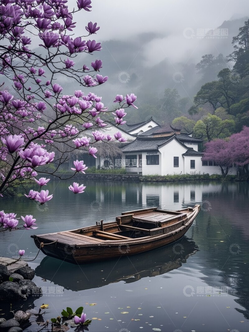 高清大图下载【趣麦麦图】湖畔建筑与玉兰花花树下的木舟