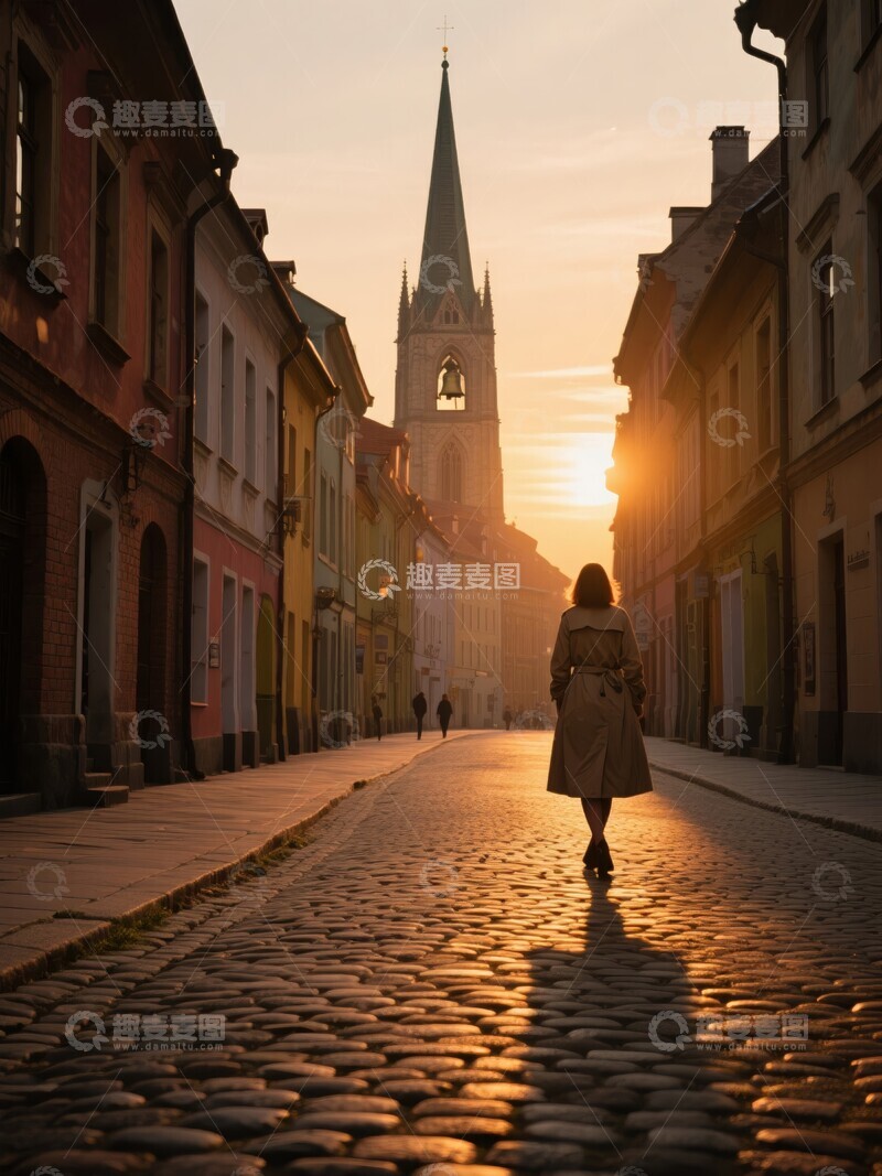 高清大图下载【趣麦麦图】黄昏时分，女子漫步在欧洲古老街道上