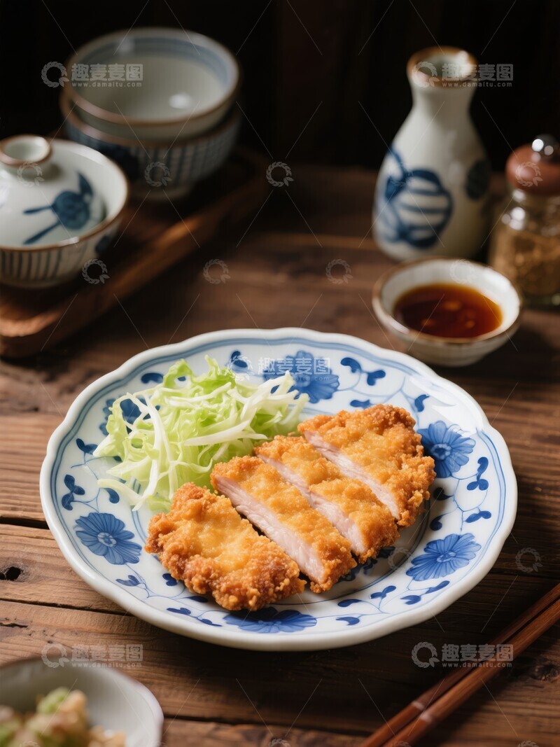 高清大图下载【趣麦麦图】日式料理炸猪排配生菜和酱油