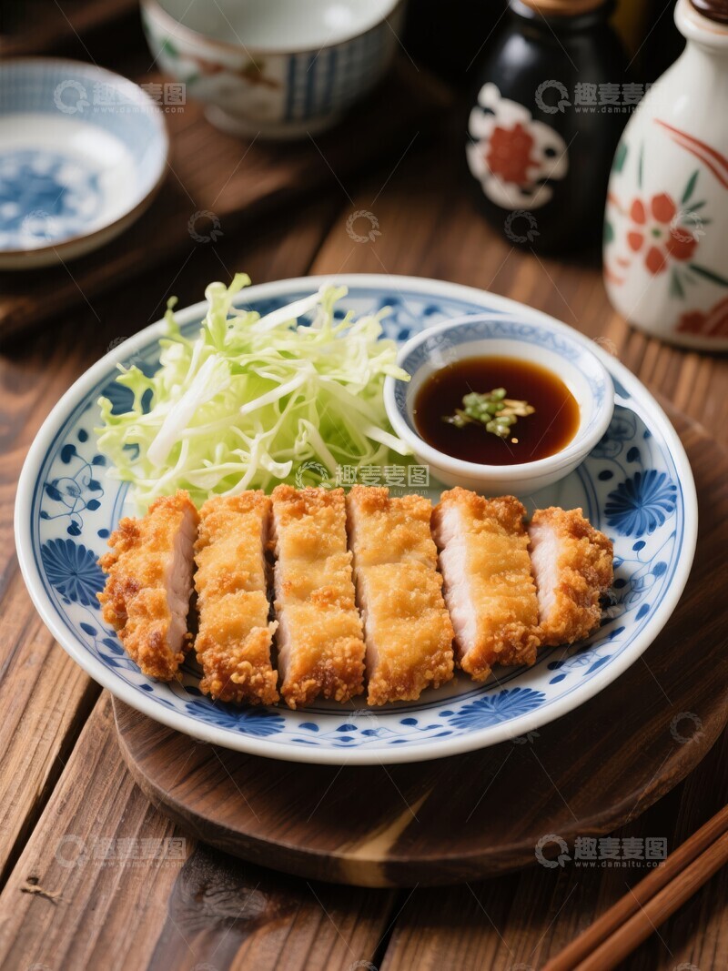 高清大图下载【趣麦麦图】-日式料理炸猪排配生菜和酱油碟