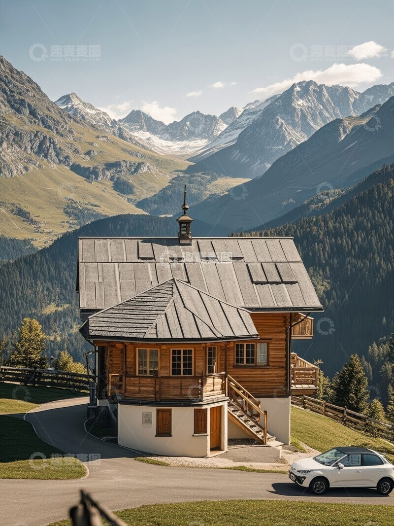 高清大图下载【趣麦麦图】山间木屋与壮丽雪山